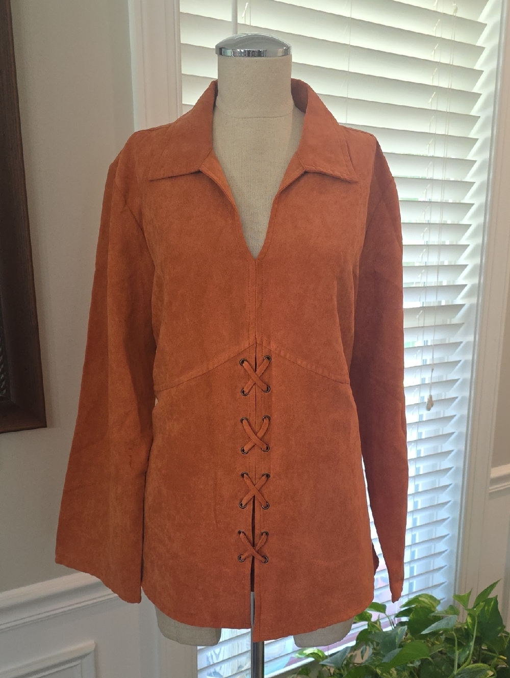 Rust Suede Like Lace-Up Top